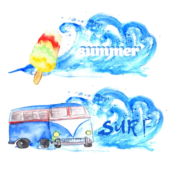 Vector watercolor summer surf set of banners with bus and wave on white background. EPS10 — Stock Vector