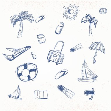 seyahat doodle tekne ile düz, şemsiye yaz vektör. eps10