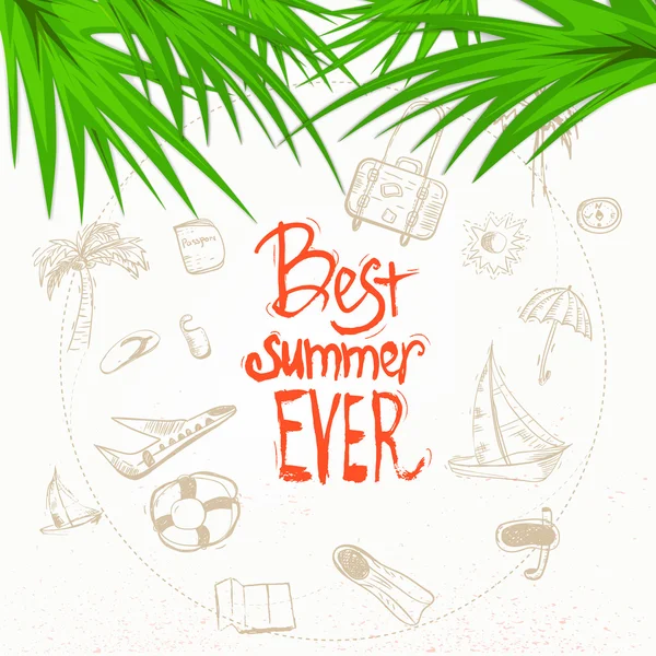 Vector summer doodle with lettering and palm leaves. EPS10 — Stock Vector