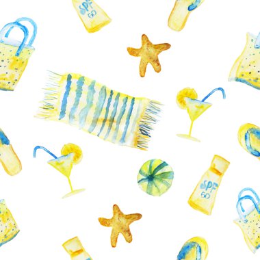  Beyaz arka plan üzerinde kapak, kabuk, kokteyl snd top ile Seamless modeli izole suluboya yaz.