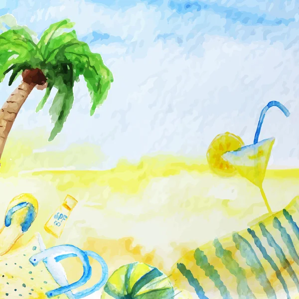 Cartel de verano acuarela en el fondo de la playa con palmera, cóctel, cubierta y bola . —  Fotos de Stock