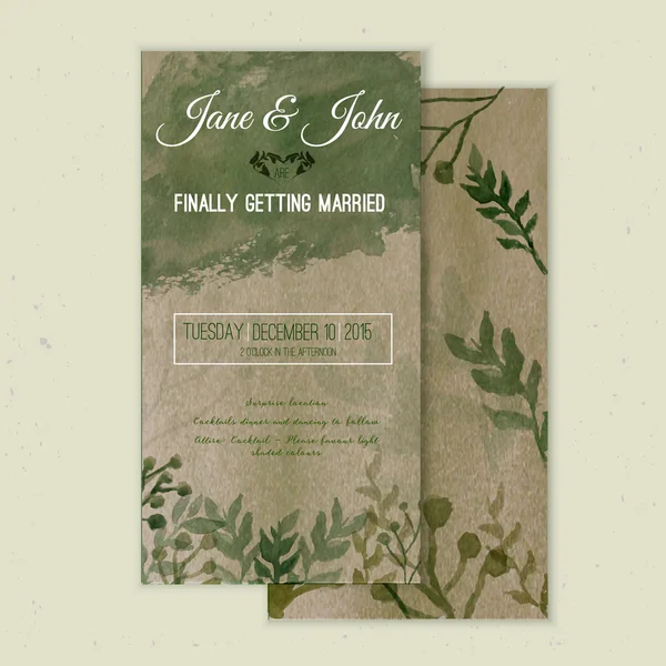 Vector watercolor save the date card in rustic style with green leaves on craft paper. — Wektor stockowy