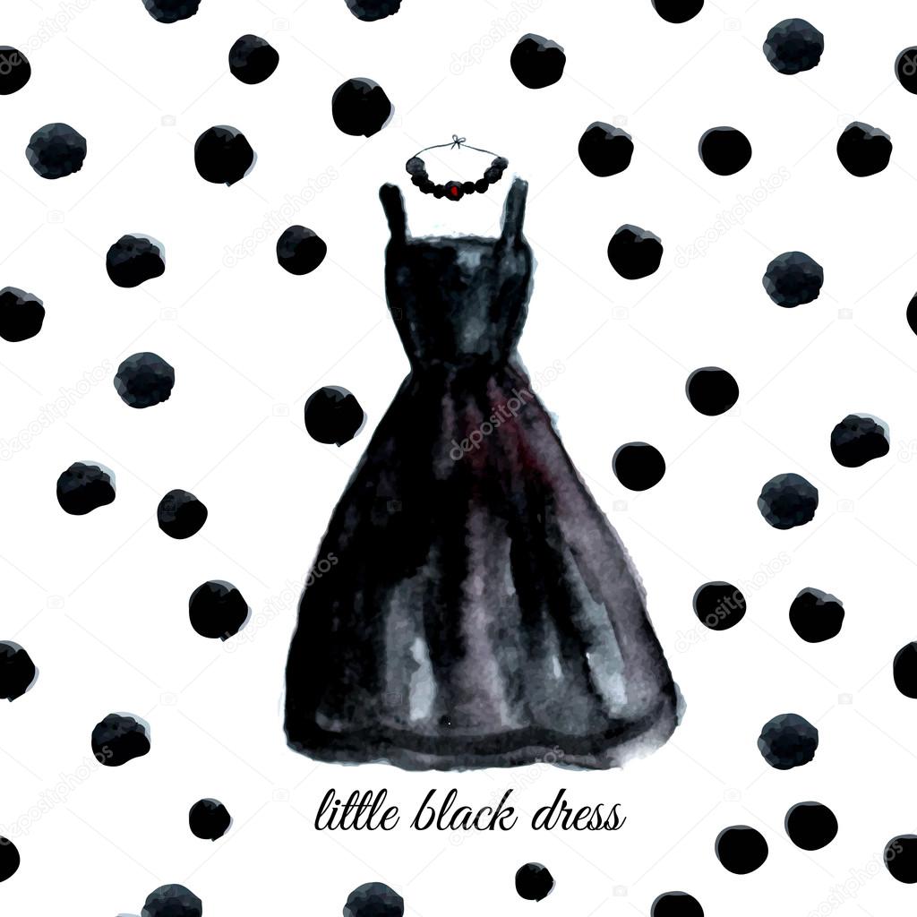 Vector watercolor black dress on polka dot background.