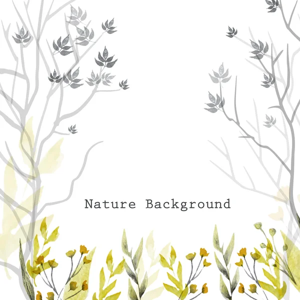 Acquerello vettoriale sfondo naturale con foglie, erba, fiori e alberi su sfondo bianco . — Vettoriale Stock