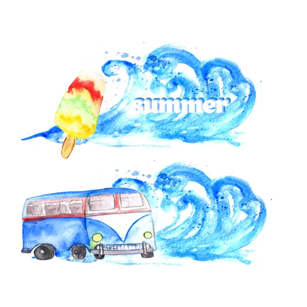 Vector watercolor summer surfing banners set with bus and wave on white background. EPS10 — Stock Vector