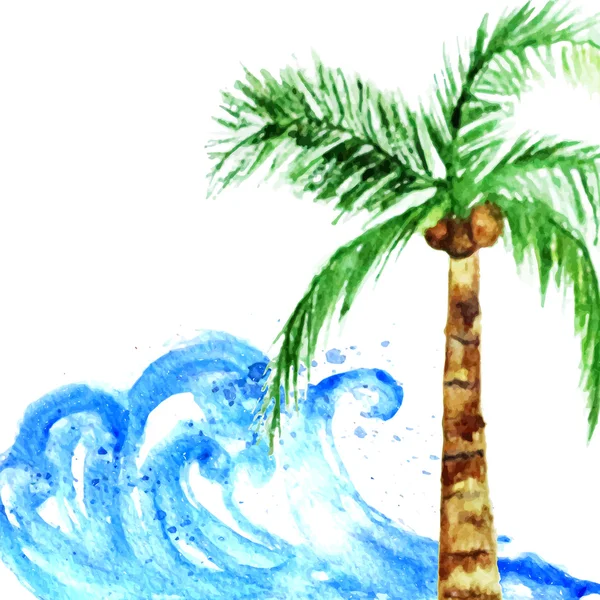 Vector watercolor summer poster with  wave and palm tree. — Stok Vektör