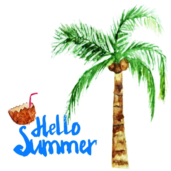 Cartel de verano de acuarela vectorial con coco y palmera . — Archivo Imágenes Vectoriales