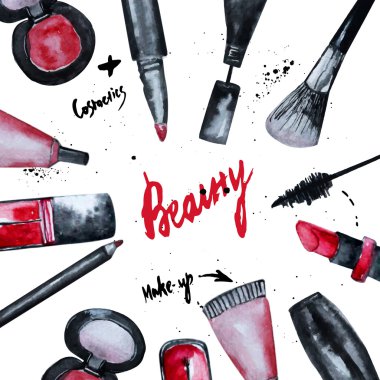Vector watercolor Glamorous make up set of  cosmetics with nail polish and lipstick.Creative design for card, web design background, book cover.EPS10