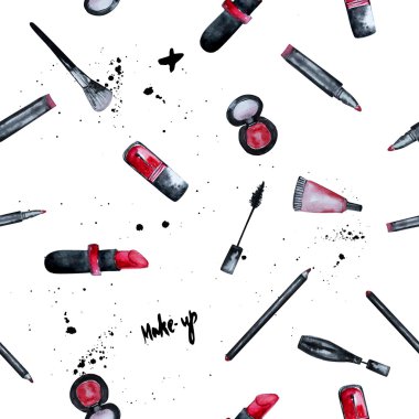 Vector watercolor Glamorous make up seamless background with nail polish and lipstick.Creative design for card, web design background, book cover.EPS10