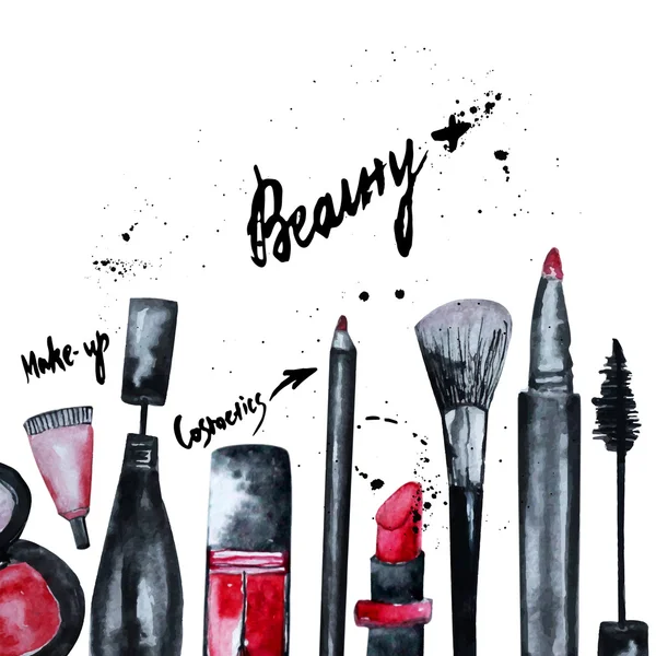 Vector watercolor Glamorous make up set of  cosmetics with nail polish and lipstick.Creative design for card, web design background, book cover.EPS10 — Διανυσματικό Αρχείο