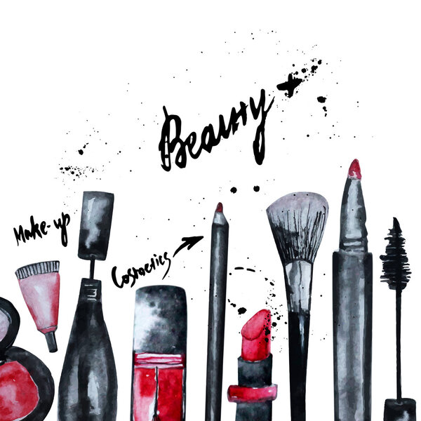 Vector watercolor Glamorous make up set of  cosmetics with nail polish and lipstick.Creative design for card, web design background, book cover.EPS10