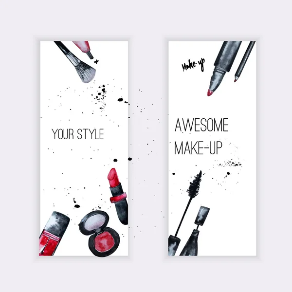 Vector acuarela Glamoroso maquillaje conjunto de pancartas con esmalte de uñas y lápiz labial. Diseño creativo para tarjeta, fondo de diseño web, cubierta de libro. — Vector de stock