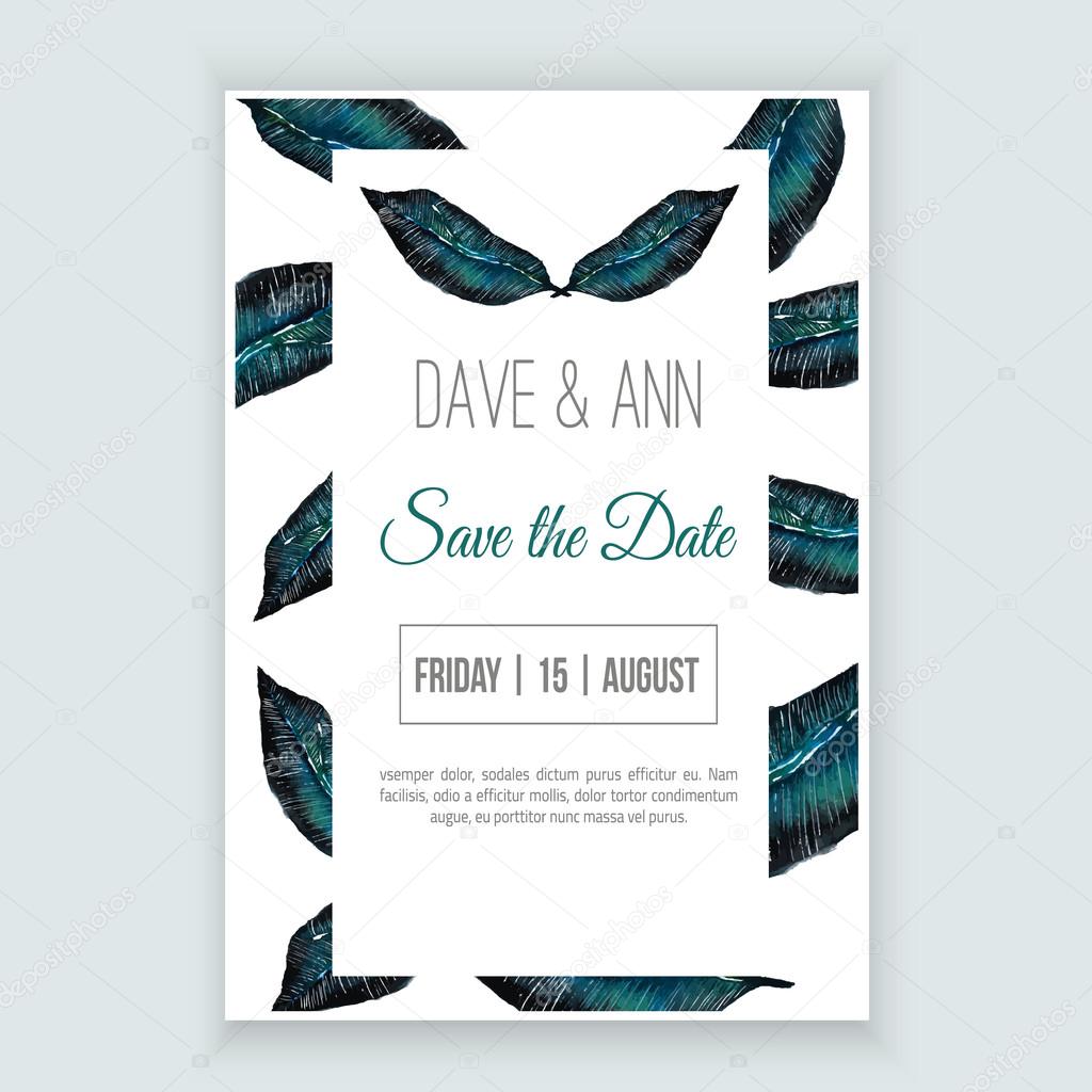 Vector watercolor template save the date with floral frame, leaves in tropic style. Artistic vector design for banners, greeting cards,sales, posters.