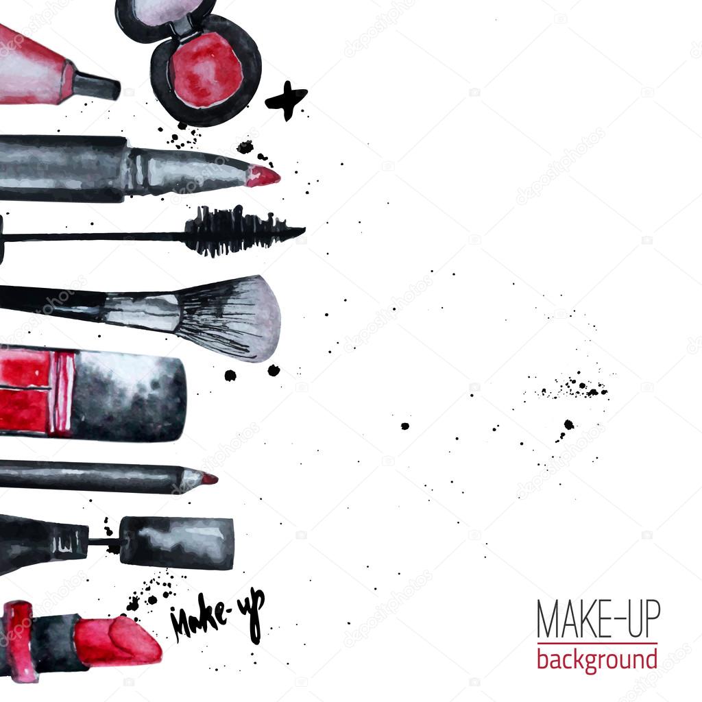 Vector watercolor Glamorous make up set of  cosmetics with nail polish and lipstick.Creative design for card, web design background, book cover.