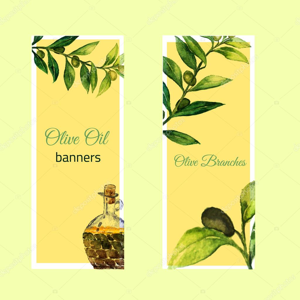 Vector watercolor hand drawn set of banners with olive branches and glass bottle.EPS10