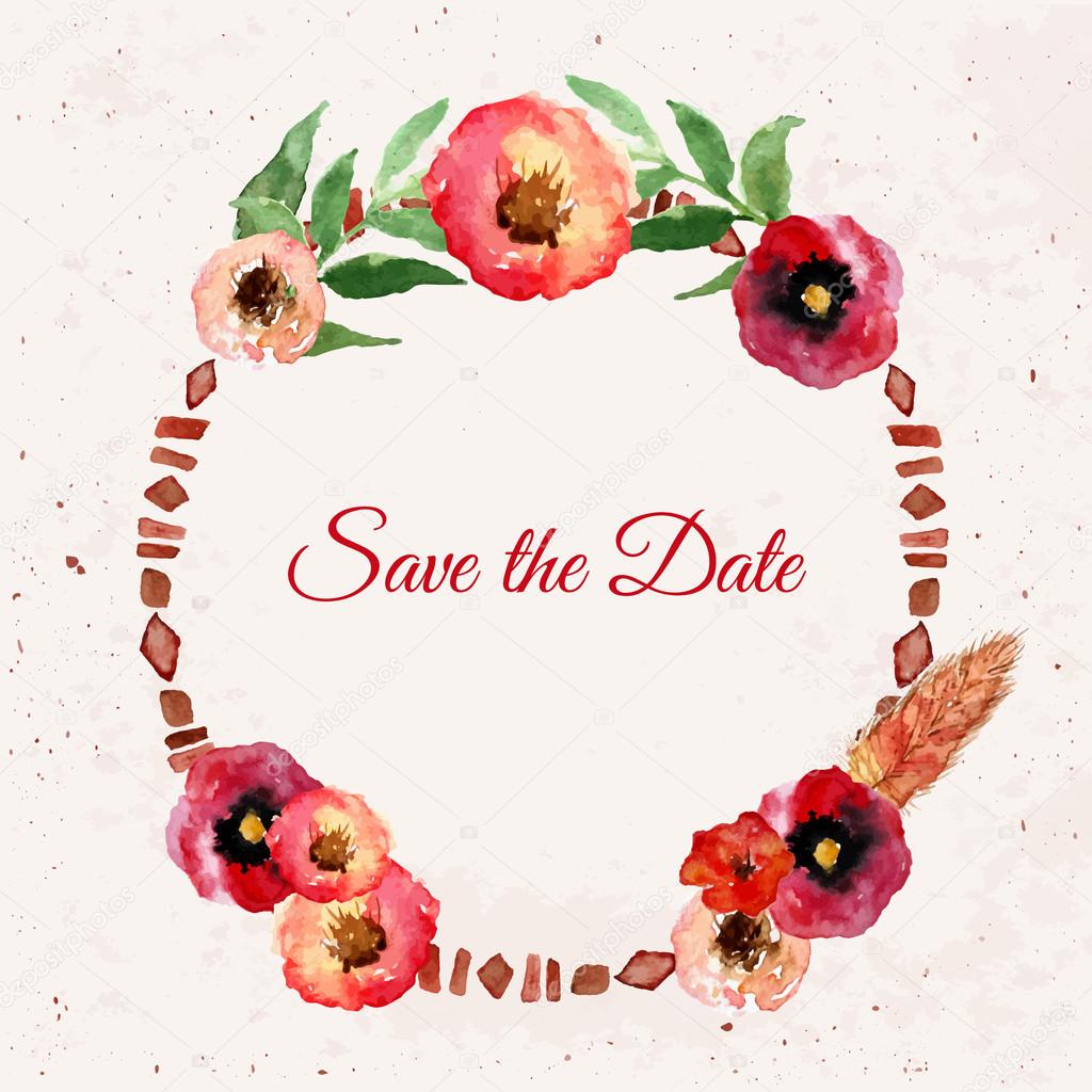 Vector watercolor save the date floral wreath with vintage leaves and flowers. Artistic vector design for banners, greeting cards,sales, posters.