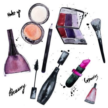 Vector watercolor set of Glamorous make up set of  cosmetics with nail polish and lipstick.Creative design for card, web design background, book cover.EPS10