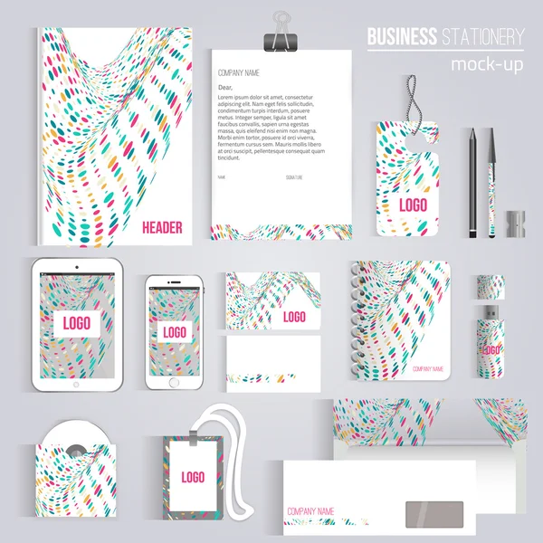 Vektor kreative bunte Welle Corporate Identity Set von Schreibwaren Branding. bestehend aus Briefkopf, Buch, Stift, Bleistift, Notiz, Telefon, Visitenkarten, CD, Umschlag. eps10 — Stockvektor