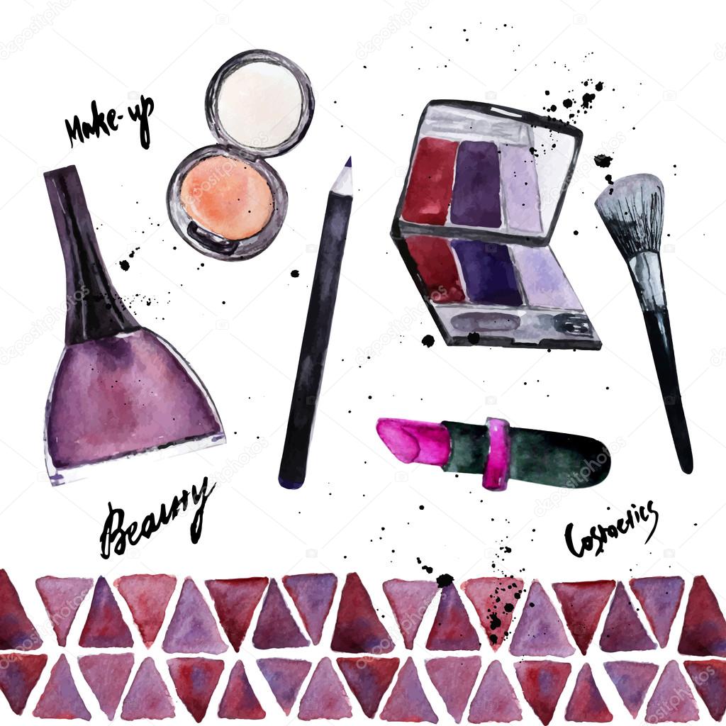 Vector watercolor Glamorous make up set of  cosmetics with nail polish, lipstick and decorative border .Creative design for card, web design background, book cover.EPS10