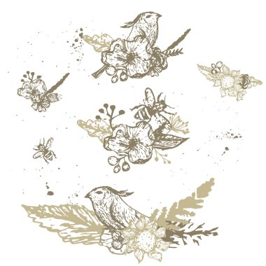 Vektör vintage şirin el çekilmiş çiçek çelenk arı ve kuş düğün kartları, Davetiyeler, afiş için beyaz arka plan olarak ayarla. Eps10