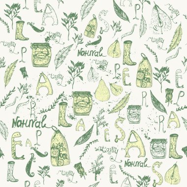 Vektör vintage Elegant Dikişsiz desen armut, kavanoz, çizme ve üzerinde açık renkli letterng ile doodle. Modern arka plan afiş, scrapbooking, Dekupaj için.  