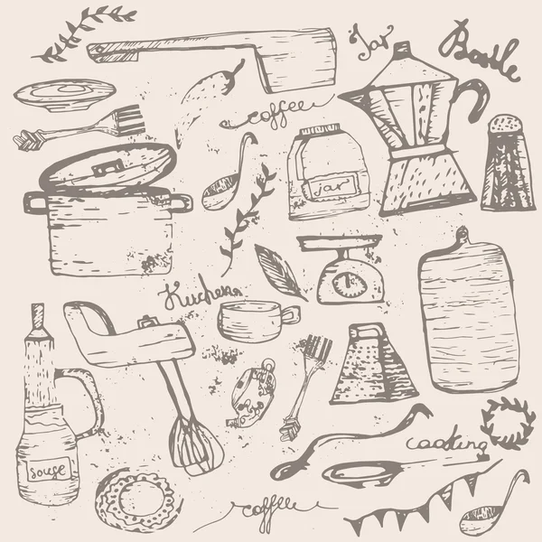 Vector Set van vintage doodle keuken en koken levert met jar, pan, blender. Eps10 — Stockvector