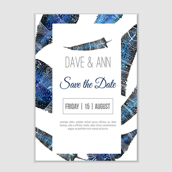 Vector stylish template save the date with feathers on watercolor background. Artistic vector design for banners, greeting cards,sales, posters. — Stock Vector