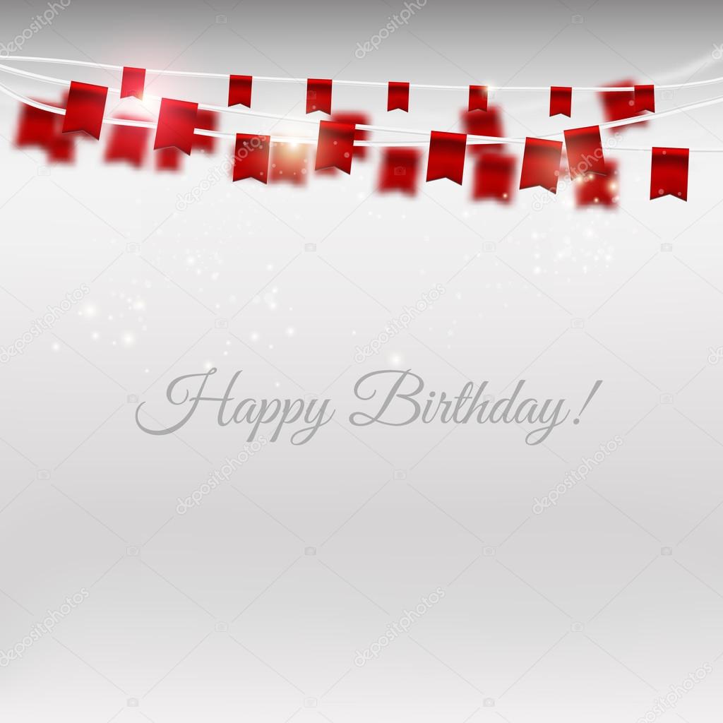 Vector red holiday flags set on gray background with shiny particles. Happy Birthday card.