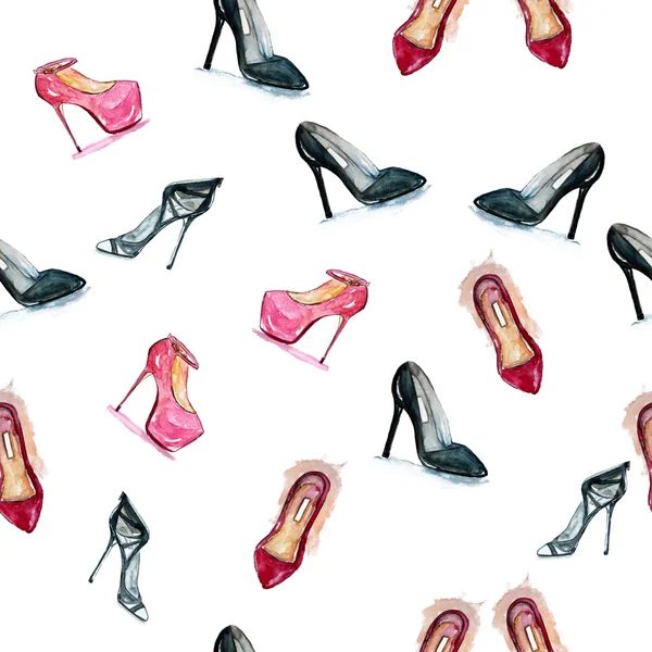 Akvarell trendigt mode seamless mönster med skor. handgjorda illustration. Sömlösa papper, tyg och andra utskrift och web projekt. — Stockfoto