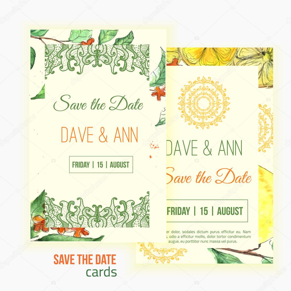 Vector watercolor lemon save the date card with leaves and oriental shapes.  Artistic vector design for banners, greeting cards,sales, posters.