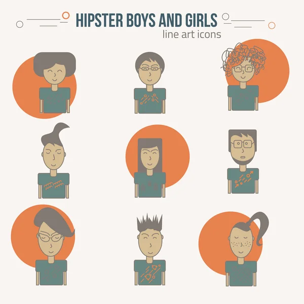 Vector de moda colorida línea de arte hombres y mujeres iconos en estilo hipster. EPS10 — Vector de stock