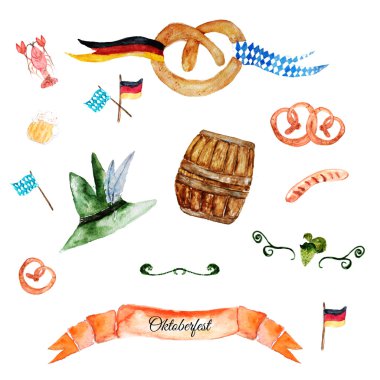 Bayraklar, sosis, simit, şapka, kanser tasarımınız için suluboya oktoberfest illüstrasyon.