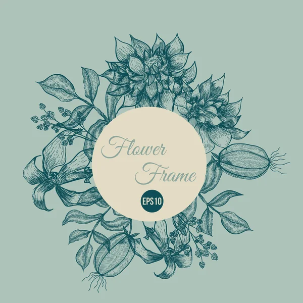 Vector Vintage frame floral achtergrondontwerp. Botanische illustratie. Schets van lineaire sjabloon voor kaart uitnodigingen, banner, bewaar deze datum, site. — Stockvector