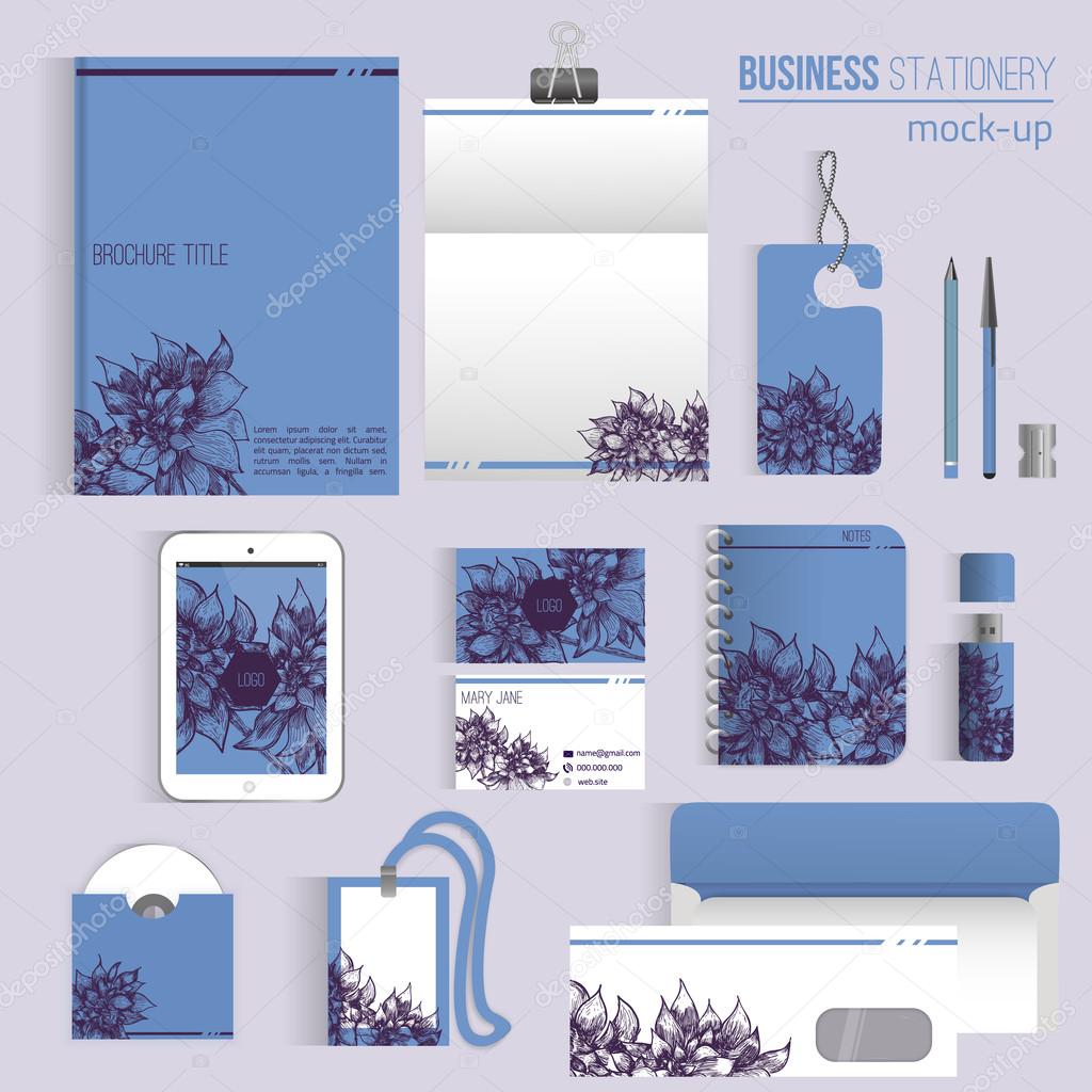 Vector floral sketch  corporate identity set of Stationery Branding. Consist of letterhead, book, pen, pencil, note, cards, cd, envelope. EPS10