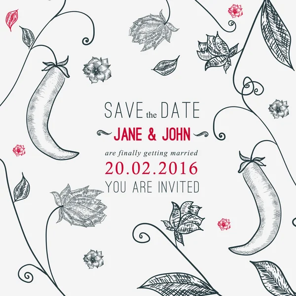 Vector save the date card with floral young peas background. Sketch linear template for invitations, banner, site — Stock Vector
