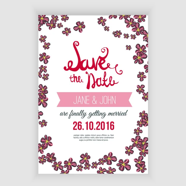 Vector  save the date card  with hand drawn flowers in rustic style — Stock Vector