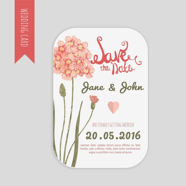 Vektor speichern Sie die Datumskarte mit handgezeichneter Vintage-Gänseblümchenblume im rustikalen Stil und Schriftzug. — Stockvektor