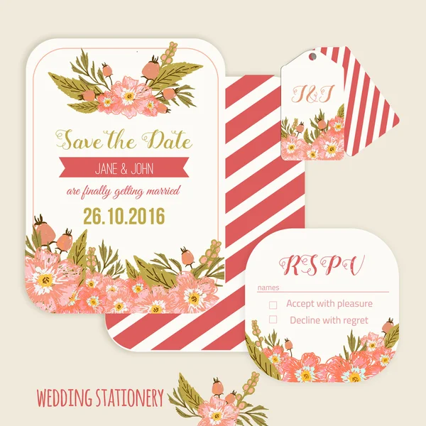 Vector  save the date card  with hand drawn vintage  flowers  in rustic style with tags and rsvp card. — ストックベクタ