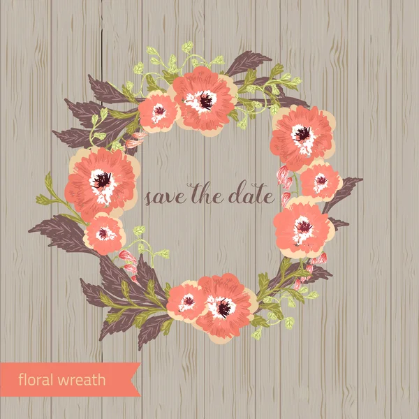 Floral cute frame in a wreath shape on wooden background. Perfect for wedding invitations. — Stockvector