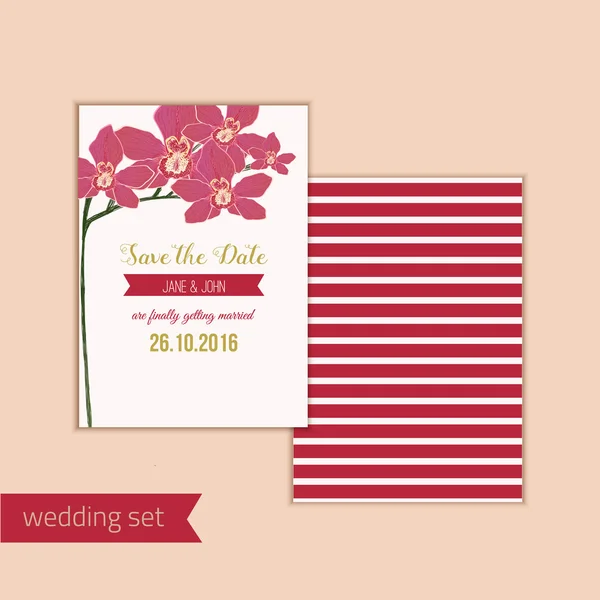 Hochzeit speichern Sie die Datumskarte mit roten Orchideenblüten. kann für Hochzeit, Babydusche, Muttertag, Valentinstag, Geburtstagskarten, Einladungen verwendet werden. Blumenbanner. — Stockvektor