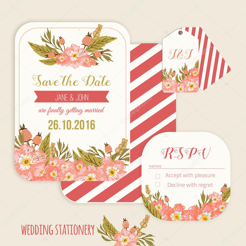 Vector  save the date card  with hand drawn vintage  flowers  in rustic style with tags and rsvp card.