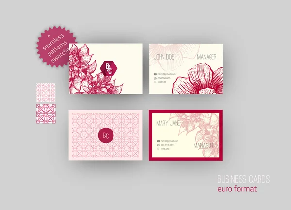 Ensemble de cartes de visite avec des fleurs croquis et des motifs sans couture arabe. Taille Euro — Image vectorielle