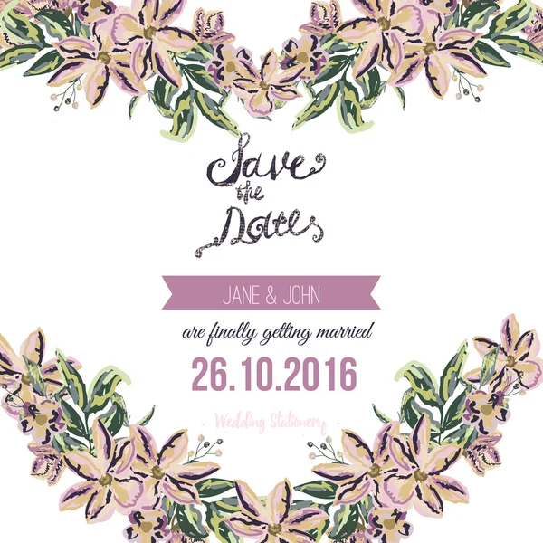 Vector save the date card with hand drawn vintage  flowers  in shape of heart and rustic style. — Stock Vector