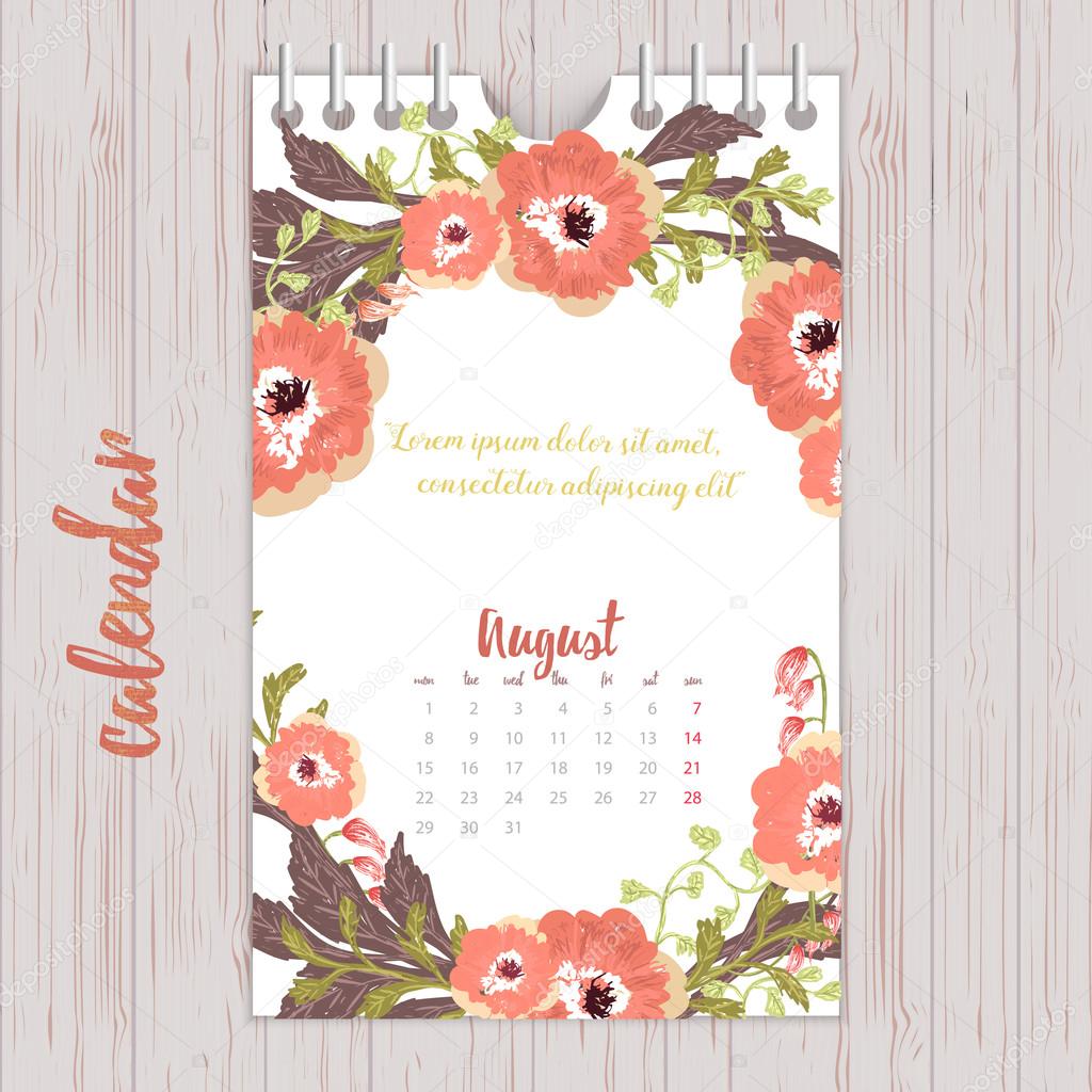 2016 Cute romantic Calendar with vintage flowers. Vector illustration.