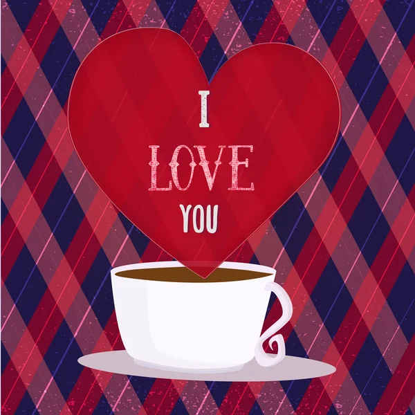 Cartel Vector I Love You con corazón y taza de café sobre fondo rombo. Se puede utilizar para banner, tarjeta de felicitación . — Vector de stock