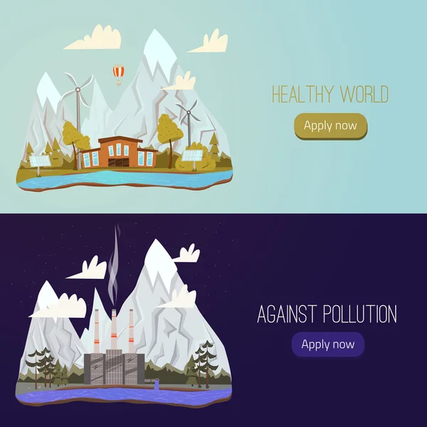 Vector Ecology Concept Banners for Green Energy and Nature Pollution (en inglés). Conceptos para sitios web y materiales impresos en estilo de dibujos animados, planos . — Vector de stock