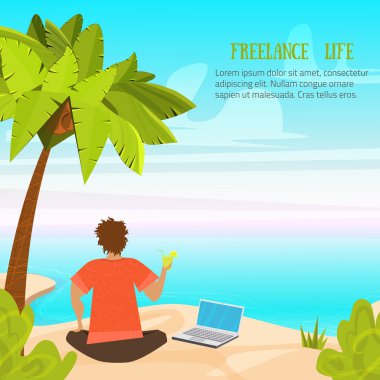 Vector freelance  illustration cartoon style with man, sea and palm trees.