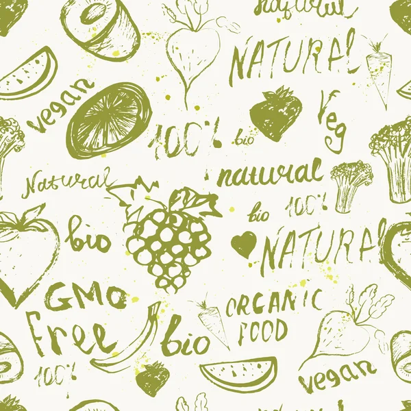 Vector ink  green seamless pattern with lettering and vegetables. Eco branding, fabric, wallpaper, backdrop, background, packaging, ornament. — 스톡 벡터