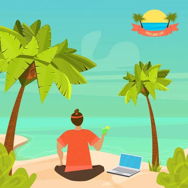 Illustrazione vettoriale stile cartone animato freelance con l'uomo, mare e palme . — Vettoriale Stock