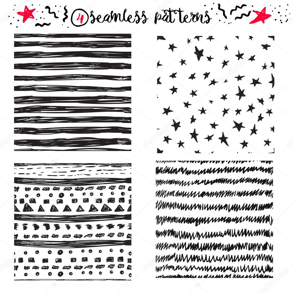 Vector hand drawing cute samless patterns backgrounds set with stars, stripes and zig zags.